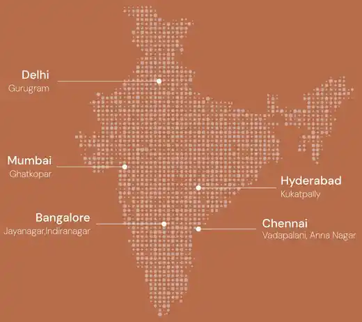 Map of India showing DEXA partner locations: Delhi (Gurugram), Mumbai (Ghatkopar), Hyderabad (Kukatpally), Bangalore (Jayanagar, Indiranagar) and Chennai (Vadapalani, Anna Nagar)